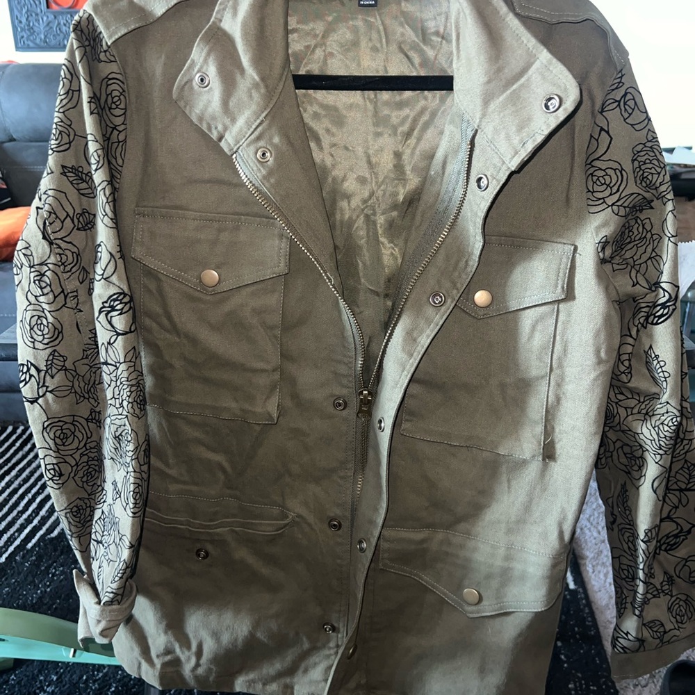 Women's Olive Military Jacket with Floral Sleeve Design